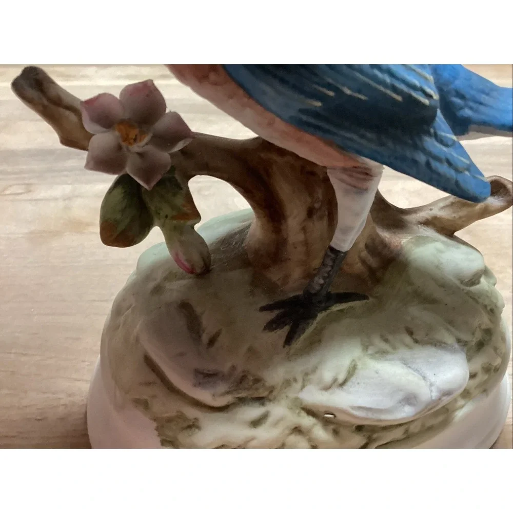 Vintage Porcelain Blue Jay On Branch Bird Figurine Decorative Plays Music